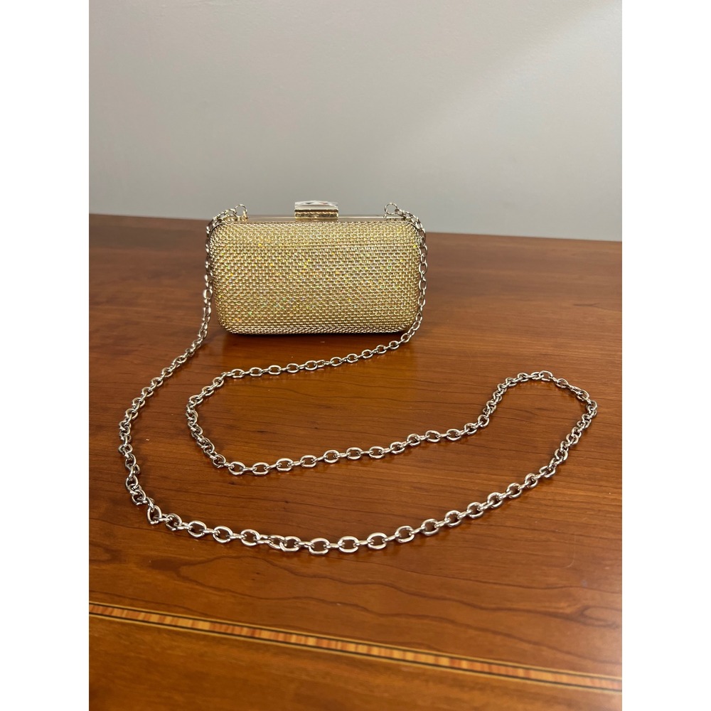 Expressions NYC Gold‎ Rhinestone Box Clutch Evening Bag Crossbody Crystal Mesh